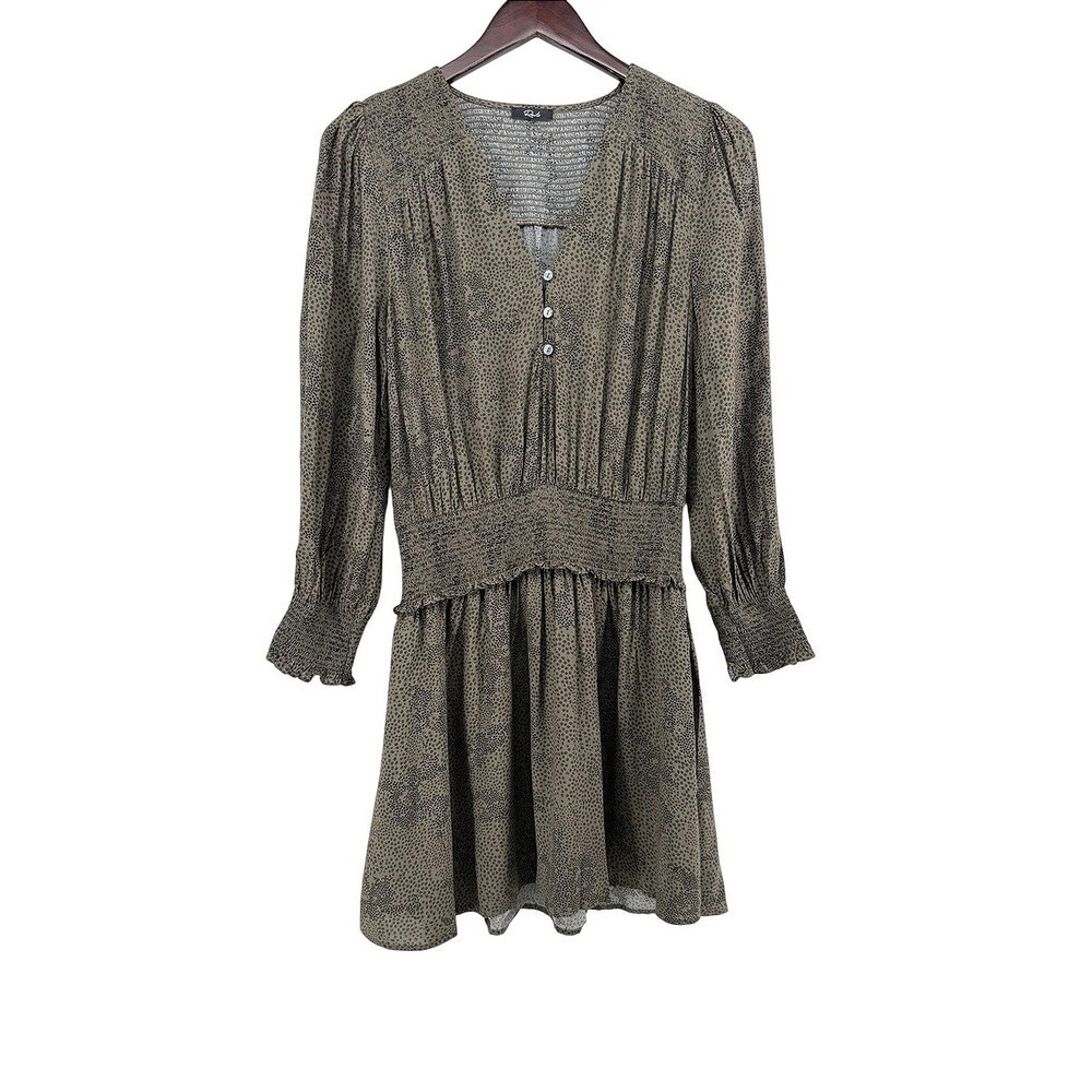 Rails Olive Green Printed Mini Dress Long Sleeve Button Front Smocked Waist Med